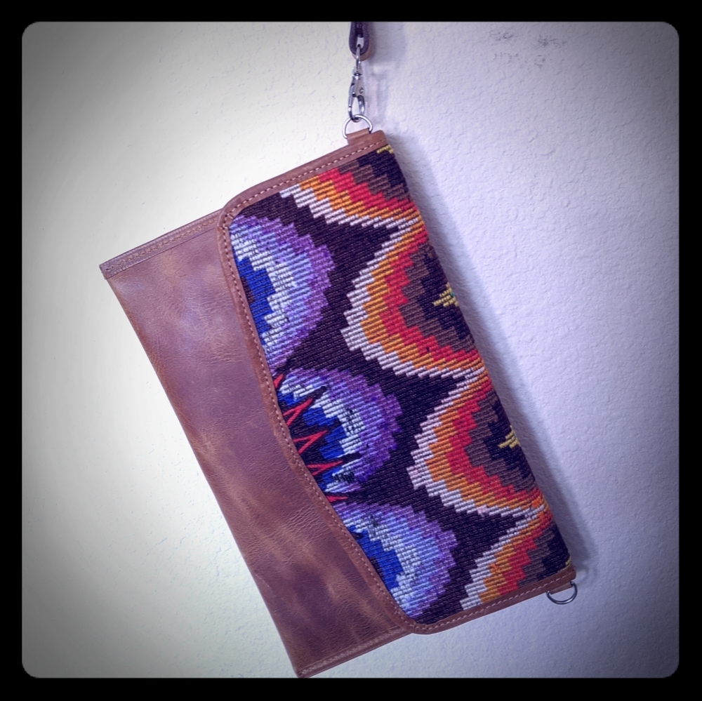 guatemalan huipil leather moons clutch